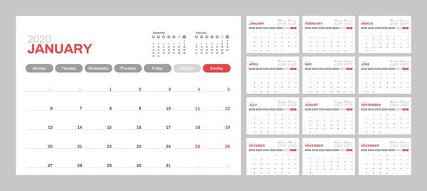Календарь на 2020 новый год в чистой минимальной таблице простой стиль
.