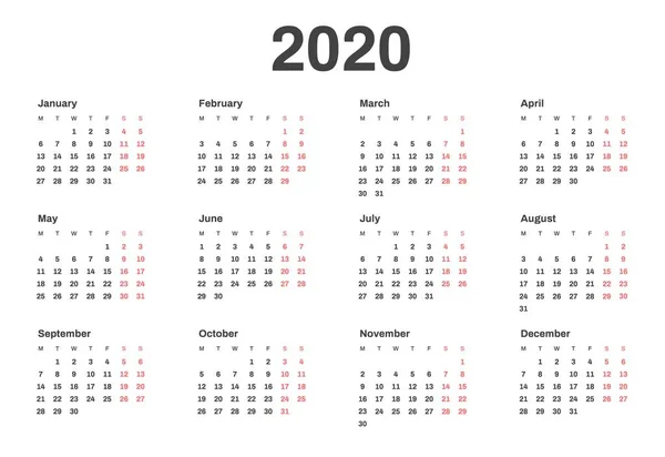 Kalender für das neue Jahr 2020 in sauberer Minimal-Tabelle einfachen Stil. — Stockvektor