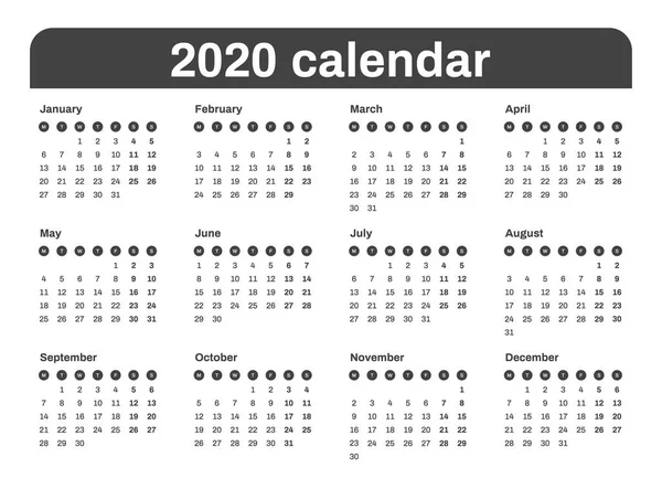 Calendario para 2020 año nuevo en la tabla mínima limpia estilo simple . — Archivo Imágenes Vectoriales