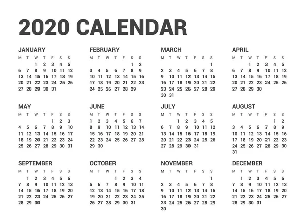 Ημερολόγιο για 2020 νέο έτος σε καθαρό ελάχιστο πίνακα απλό στυλ. — Διανυσματικό Αρχείο
