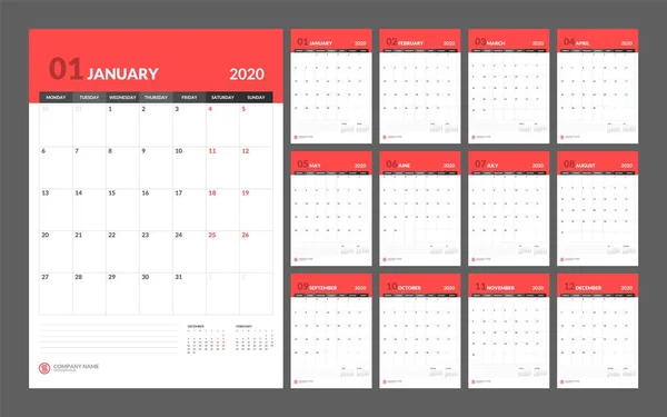 Kalender für das neue Jahr 2020 in sauberer Minimal-Tabelle einfachen Stil. — Stockvektor