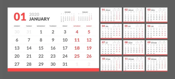 Календар на Новий 2020 рік в чистому мінімальному стилі таблиці . — стоковий вектор