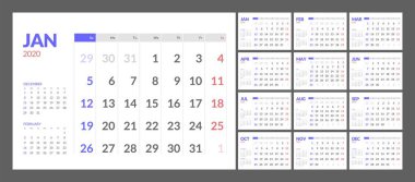 Takvim temiz minimal tablo basit stil 2020 yeni yıl için.