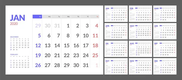 クリーンミニマルテーブルシンプルなスタイルで2020年新年のカレンダー. — ストックベクタ