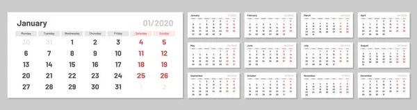 Kalendář pro 2020 nového roku v čistém, minimálním, jednoduchém stylu tabulky. — Stockový vektor