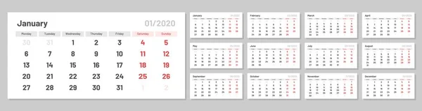 Kalender für das neue Jahr 2020 in sauberer Minimal-Tabelle einfachen Stil. — Stockvektor