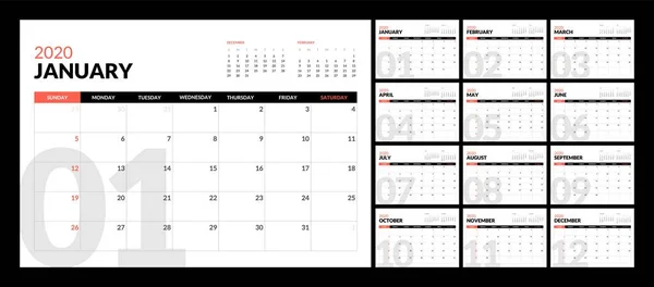 Calendário para 2020 ano novo em estilo simples tabela mínima limpa . — Vetor de Stock