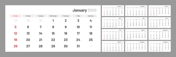 Kalender für das neue Jahr 2020 in sauberer Minimal-Tabelle einfachen Stil. — Stockvektor