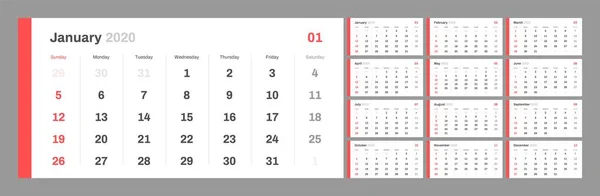 Calendario para 2020 año nuevo en la tabla mínima limpia estilo simple . — Archivo Imágenes Vectoriales