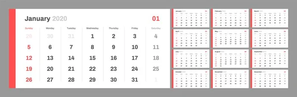 Calendário para 2020 ano novo em estilo simples tabela mínima limpa . — Vetor de Stock