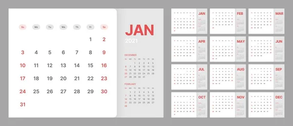 Kalendervorlage für das Jahr 2021. Planer-Tagebuch im minimalistischen Stil. Die Woche beginnt am Sonntag. Monatskalender. — Stockvektor