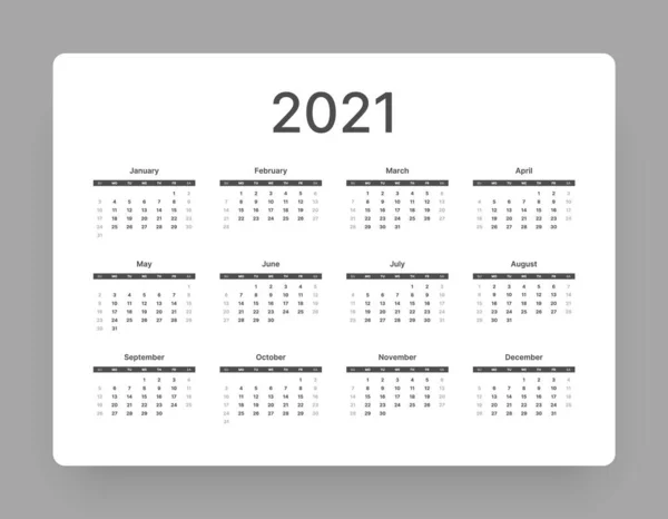 Calendar for 2021 year. Week Starts on Sunday. — Stock Vector