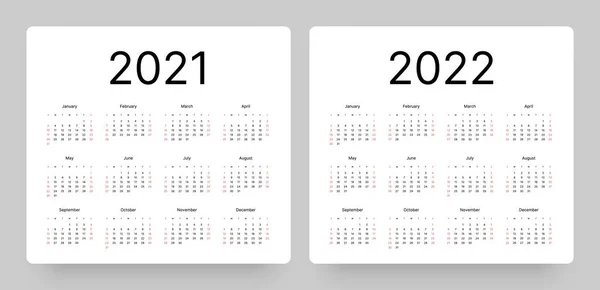 Calendar for 2021 and 2022 year. Week Starts on Sunday. — Stock Vector