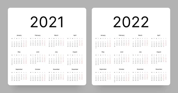 2021年と2022年のカレンダー。週は月曜日に始まる. — ストックベクタ