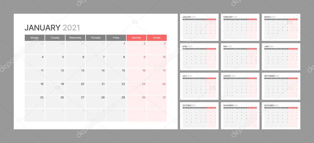 Wall calendar template for 2021 year. Planner diary in a minimalist style. Week Starts on Monday. Set of 12 Months.