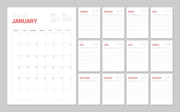 Plantilla de calendario de pared para 2021 año. Diario del planificador en un estilo minimalista. La semana comienza el lunes. Calendario mensual . — Vector de stock