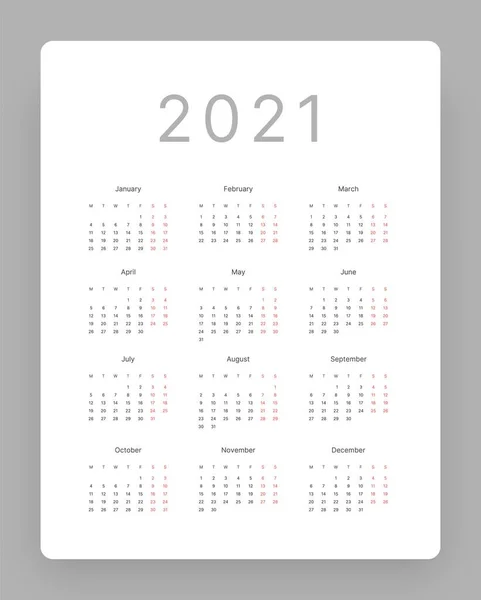 Calendar for 2021. Week Starts on Monday. Vector. — Stock Vector