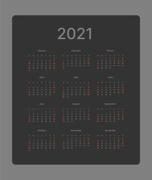 Calendar for 2021 year. Week Starts on Sunday. — Stock Vector