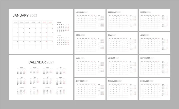 Ежемесячный календарь на 2021 год. Начало недели в понедельник. — стоковый вектор
