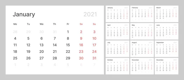 Calendario mensual para 2021 año. Semana comienza el lunes. — Vector de stock