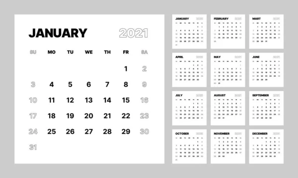 Calendario mensual para 2021 año. La semana comienza el domingo. — Vector de stock