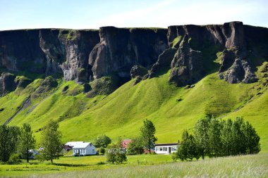 Uçurum ve İzlanda'daki ön planda evleriyle dağlar