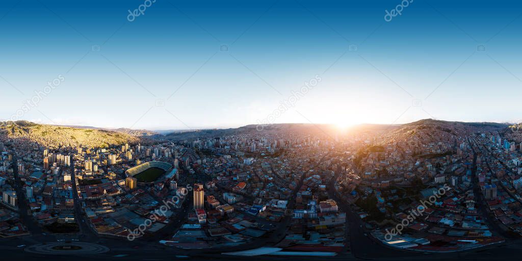 Spherical, 360 degrees, seamless, aerial panorama of the city of La Paz during sunset, Bolivia