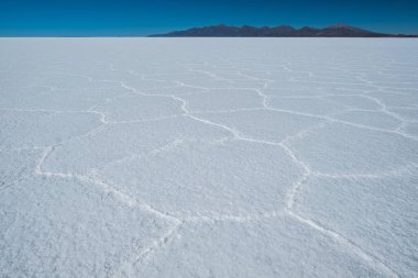 Güneşli bir günde Salar de Uyuni tuz düzlüğü ve hücre desenleri, Uyuni, Bolivya