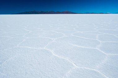 Güneşli bir günde Salar de Uyuni tuz düzlüğü ve hücre desenleri, Uyuni, Bolivya