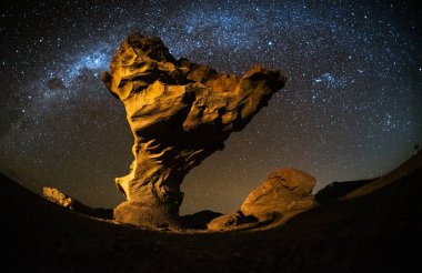 Yıldızlı gökyüzü, Bolivya 'nın Sur Lipez ilinin Eduardo Avaroa Andean Ulusal Rezervi' ndeki Arbol de Piedra (Taş Ağaç) adlı kuyruklu yıldız ve kaya oluşumu gibi yıldızlarla kaplı.