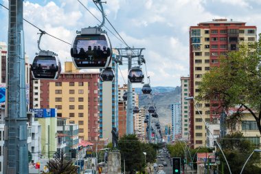 LA PAZ, BOLIVIA - 29 Mart 2018: Mi Teleferico - Havadan teleferik şehir taşımacılık sistemi La Paz şehrinde yolcu taşıyor