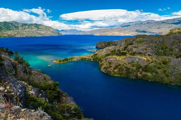 Lago Cochrane Com Água Azul Cristalina Durante Dia Patagônia Chile — Fotografia de Stock