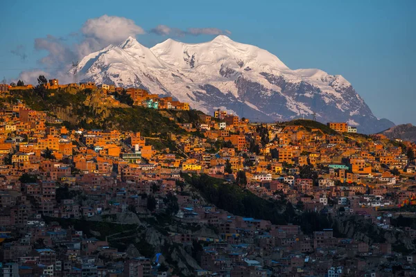 Stad Paz Berg Illimani Tijdens Zonsondergang Bolivia — Stockfoto