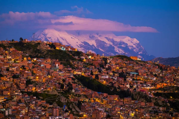 Stadt Paz Und Berg Illimani Bei Sonnenuntergang Bolivien — Stockfoto