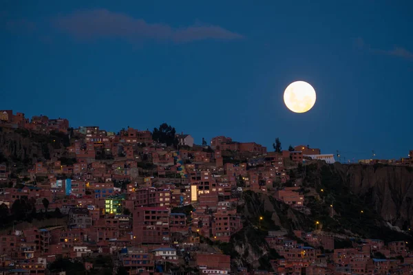 Lune Lève Sur Ville Paz Bolivie — Photo