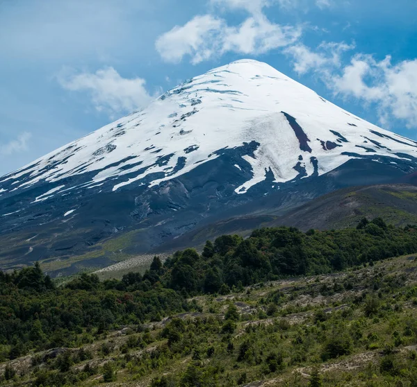 夏は雪がオソルノのストラト火山を覆っていた チリのパタゴニア — ストック写真