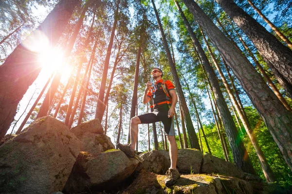 Trail Running Athlete Having Rest Drinking Water Hydration Pack Being — Stock Photo, Image