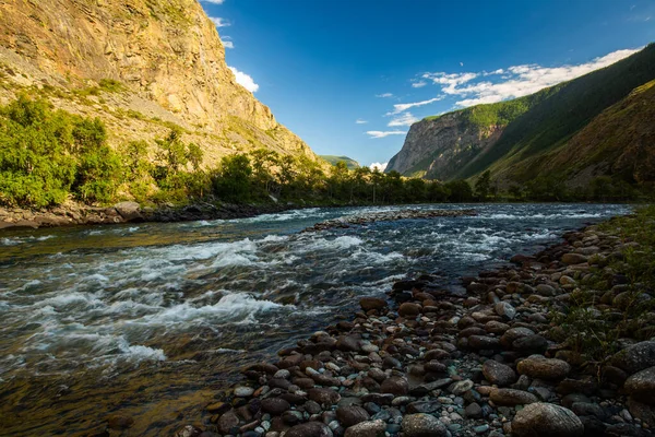 Schneller Fluss Des Chulyshman Bei Sonnenuntergang Republik Altai Russland — Stockfoto