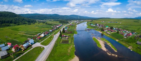 Aerial Panorama Russian Small Village Clear River Belaya River Green — Stock Photo, Image