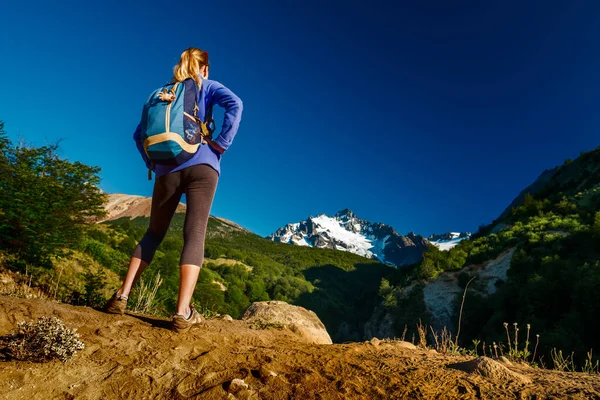 女徒步旅行者在地平线上俯瞰着结冰的高山 享受着华美的景色 — 图库照片