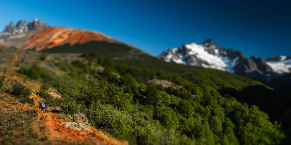 ハイカーは山の中を歩く パタゴニア ティルトシフト効果を適用 — ストック写真