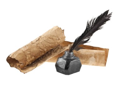 eski kağıt, InkWell ve beyaz arka plan üzerinde izole kalem