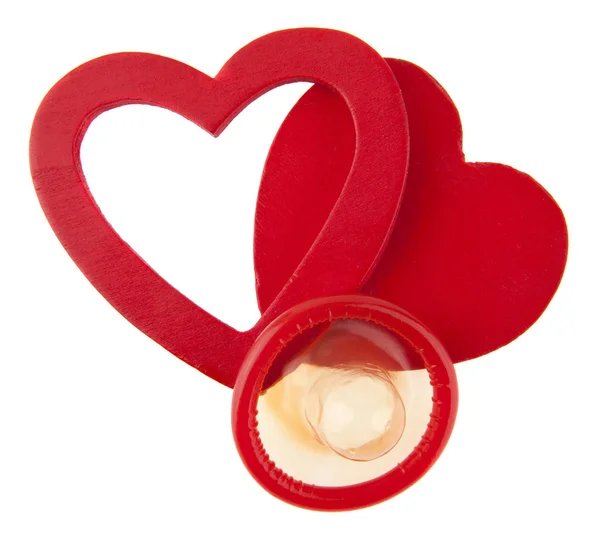 Red Heart Condom Isolated White Background — Stock Photo, Image