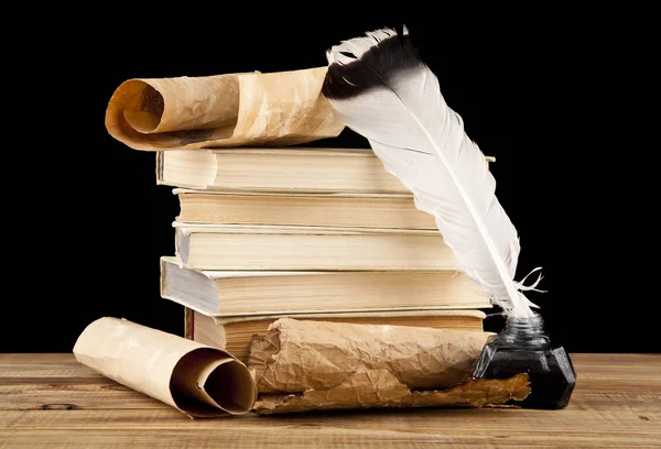 Books Old Paper Feather Inkwell Isolated Black Background — Stock Photo, Image