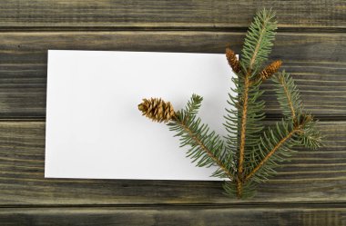 Teknik İnceleme ve ahşap arka plan üzerinde Noel ağacı dalı