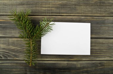 Teknik İnceleme ve ahşap arka plan üzerinde Noel ağacı dalı