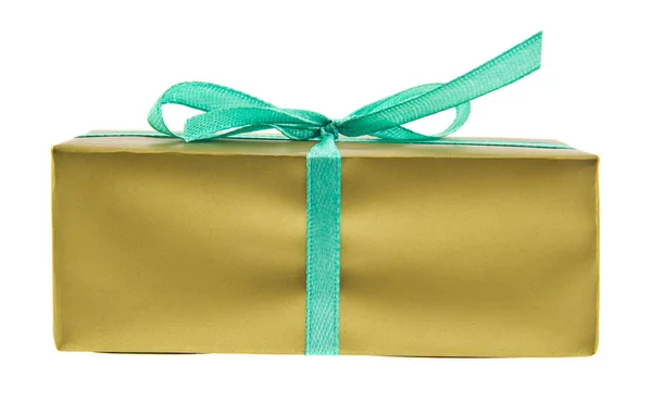 Golden Box Green Ribbon Gift Isolated White Background — Stock Photo, Image