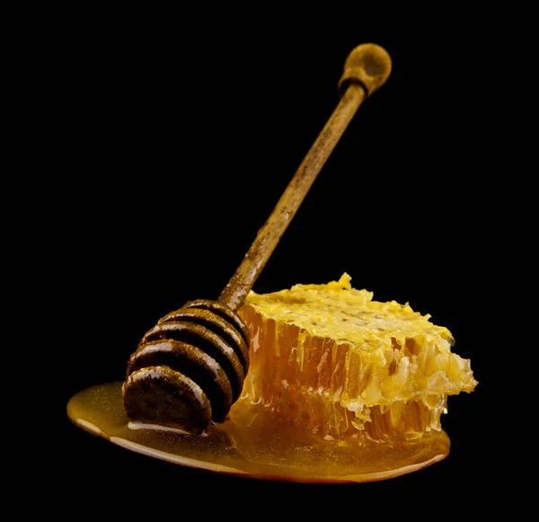 Honeycomb Honey Spoon Isolated Black Background Bee Natural Ingredients Concept — Stock Photo, Image