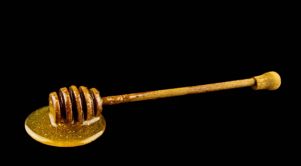 Honey Wooden Spoon Isolated Black Background — Stock Photo, Image