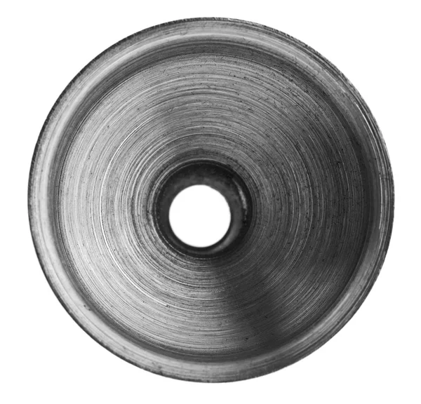 Funil de metal para verter líquido isolado sobre fundo branco — Fotografia de Stock